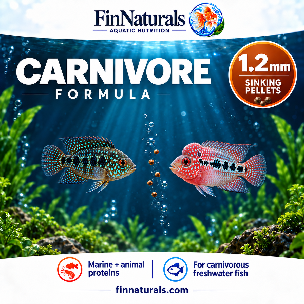 FinNaturals Carnivore Formula 1.2 mm sinking pellets flyer featuring a young Jack Dempsey cichlid and Flowerhorn. Sampler includes one 8 oz bag of this formula.