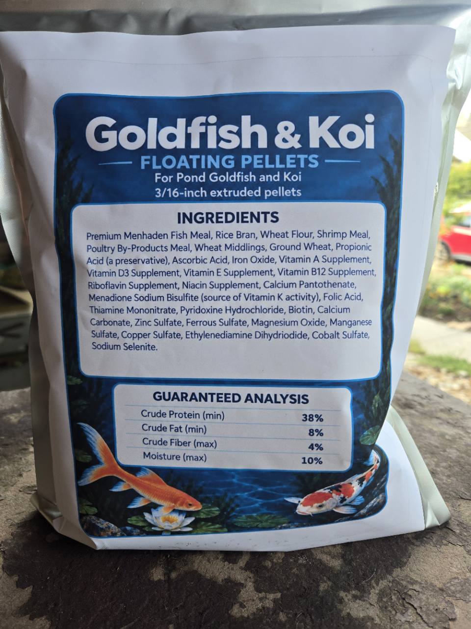 Back of FinNaturals Goldfish and Koi Formula bag showing ingredients and guaranteed analysis: 38% protein, 8% fat, 4% maximum fiber and 10% maximum moisture.