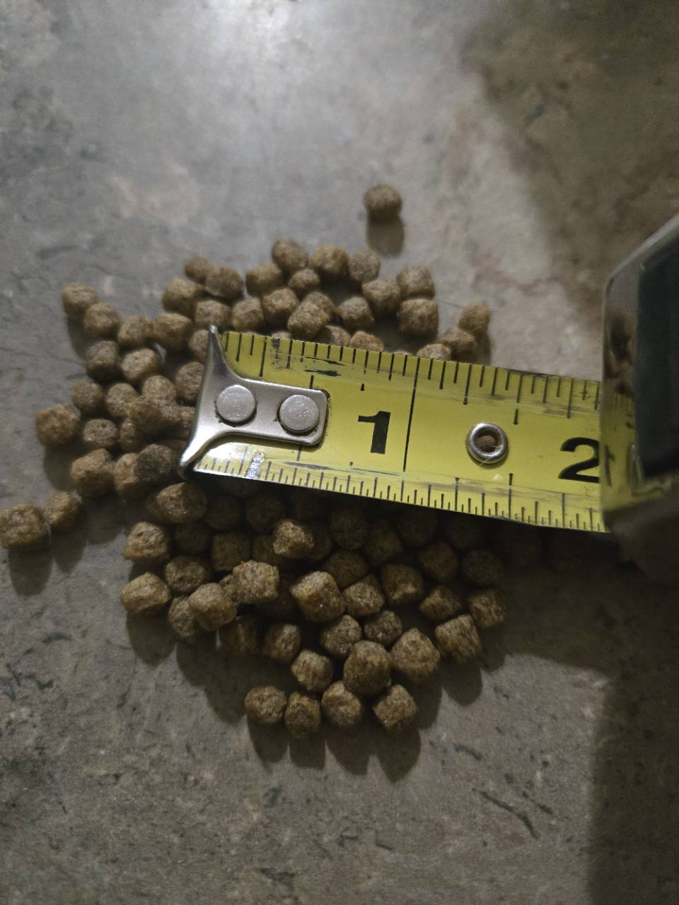Goldfish and Koi Formula pellets beside a tape measure for size reference.