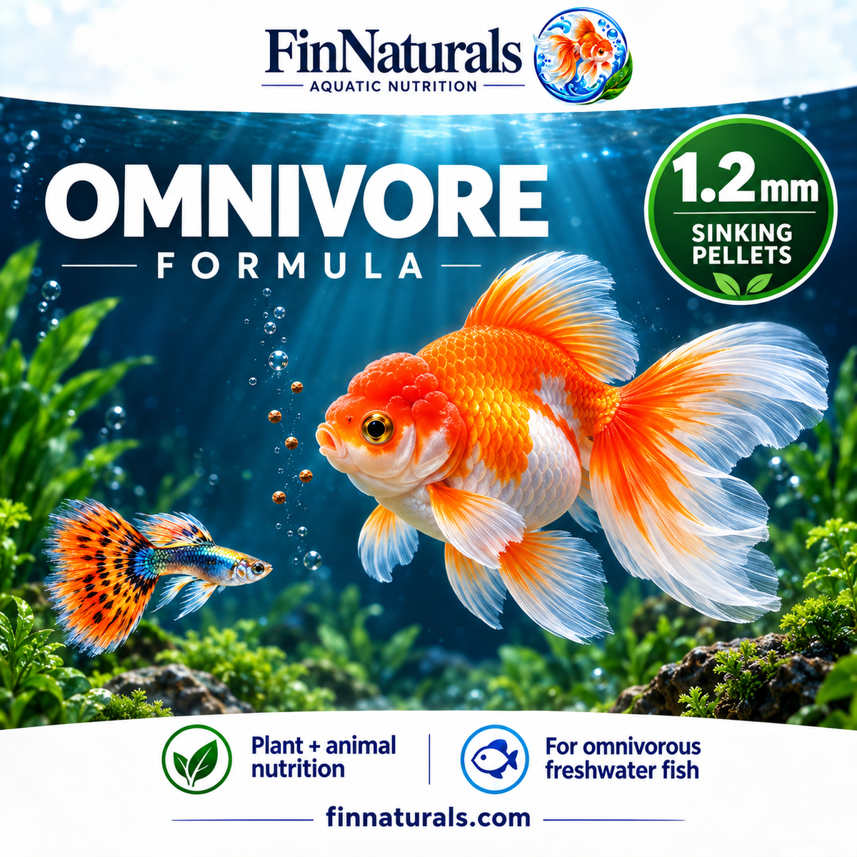 FinNaturals Omnivore Formula 1.2 mm sinking pellets flyer featuring a goldfish and guppy. Sampler includes one 8 oz bag of this formula.