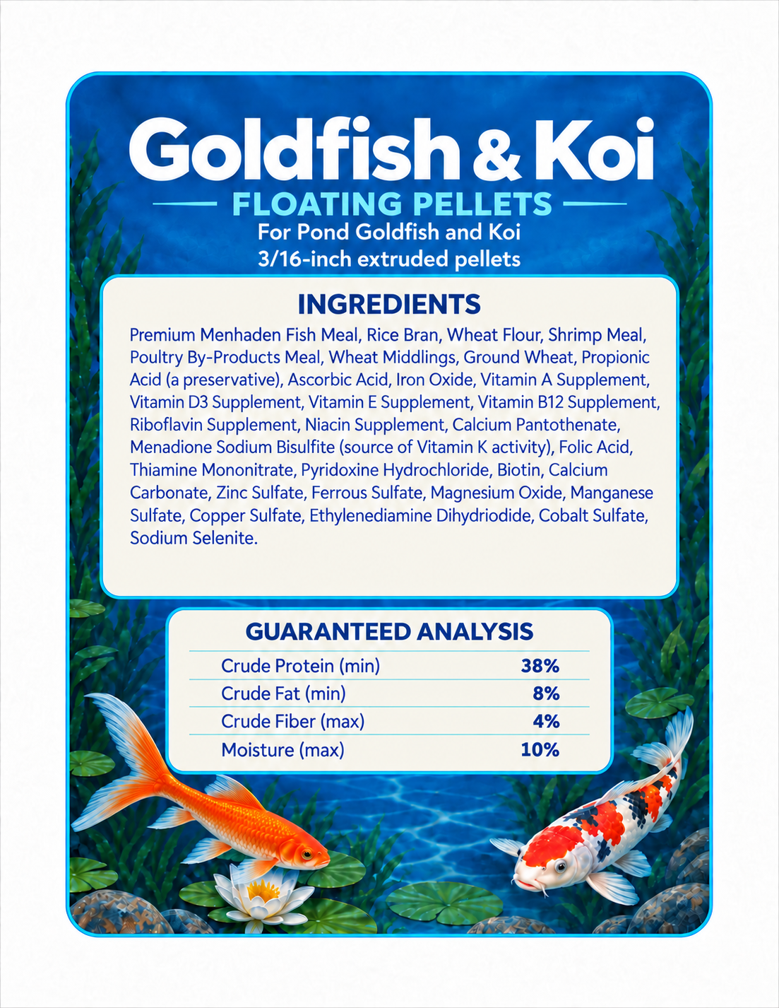 Goldfish and Koi Formula ingredients and guaranteed analysis: 38% protein min, 8% fat min, 4% fiber max, 10% moisture max.