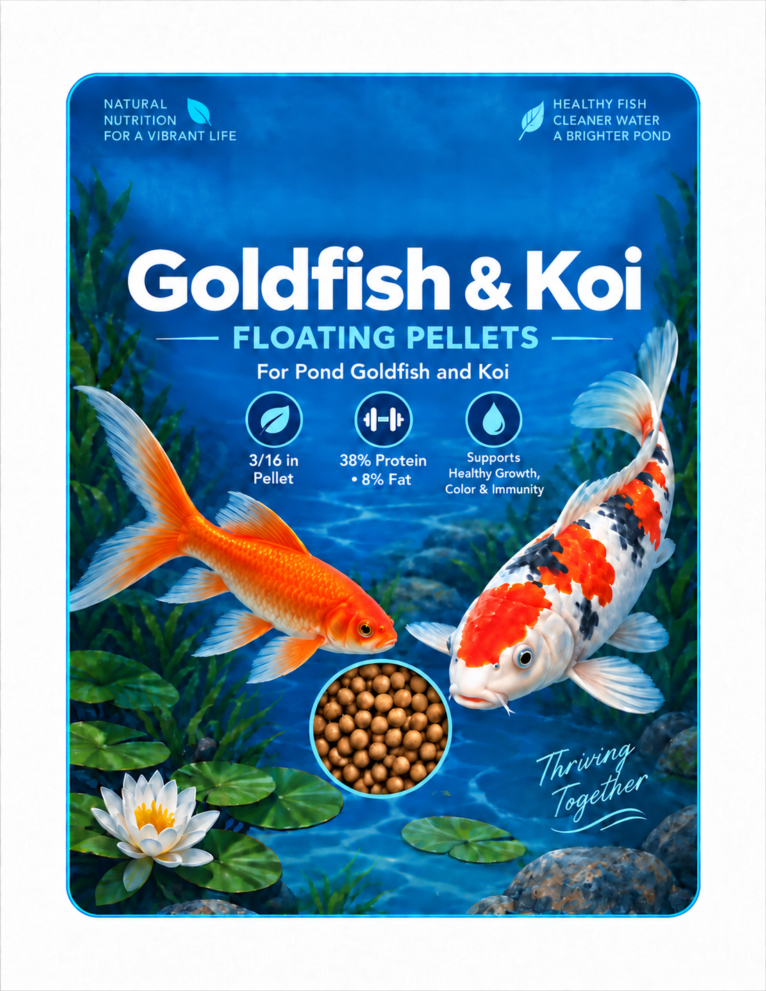 Goldfish and Koi Formula for pond goldfish and koi — 38% protein and 8% fat.