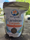 Actual FinNaturals Carnivore Smaller Bites Formula 1.2 mm silver pouch photographed outdoors, front label.