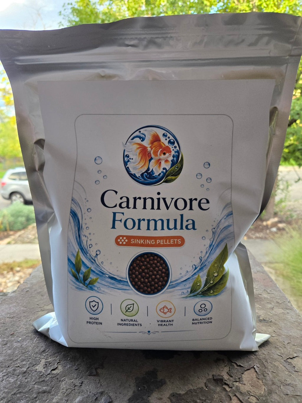 Actual FinNaturals Carnivore Formula 2.5 mm silver pouch photographed outdoors, front label.