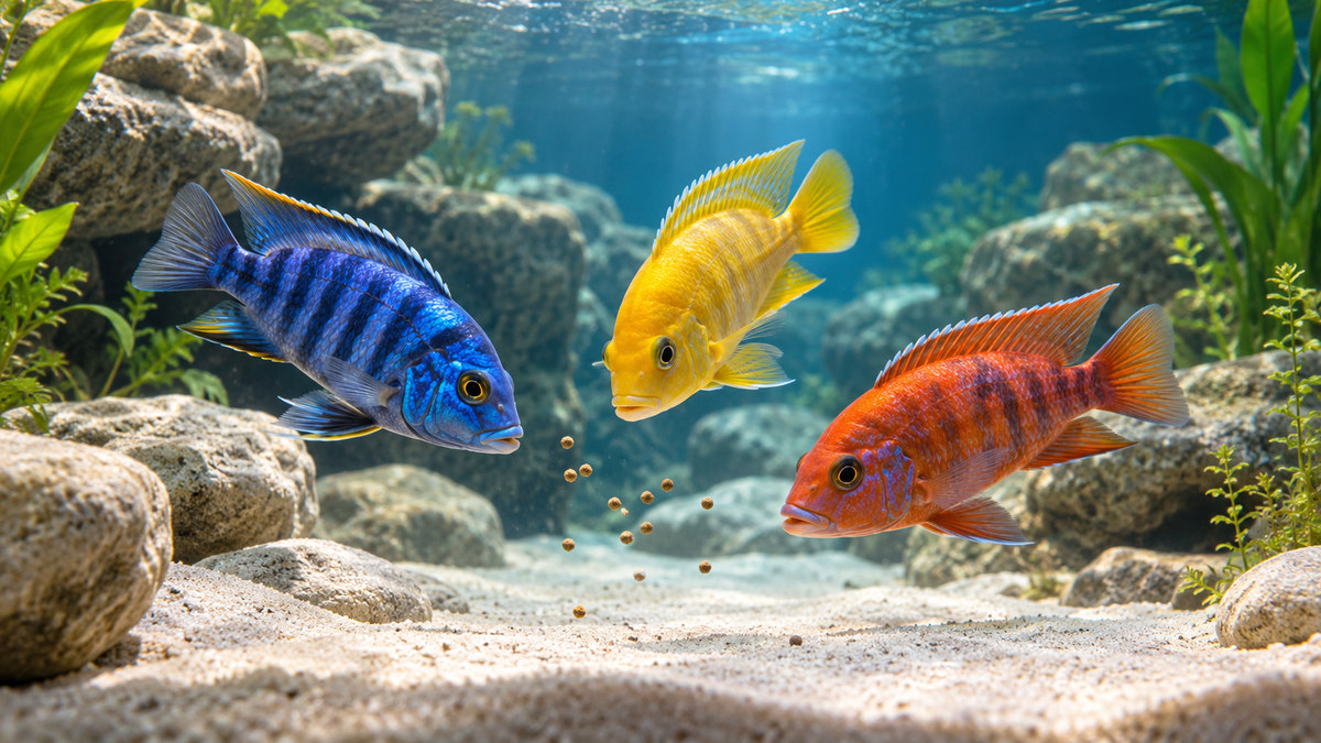 AI-generated cichlids feeding scene