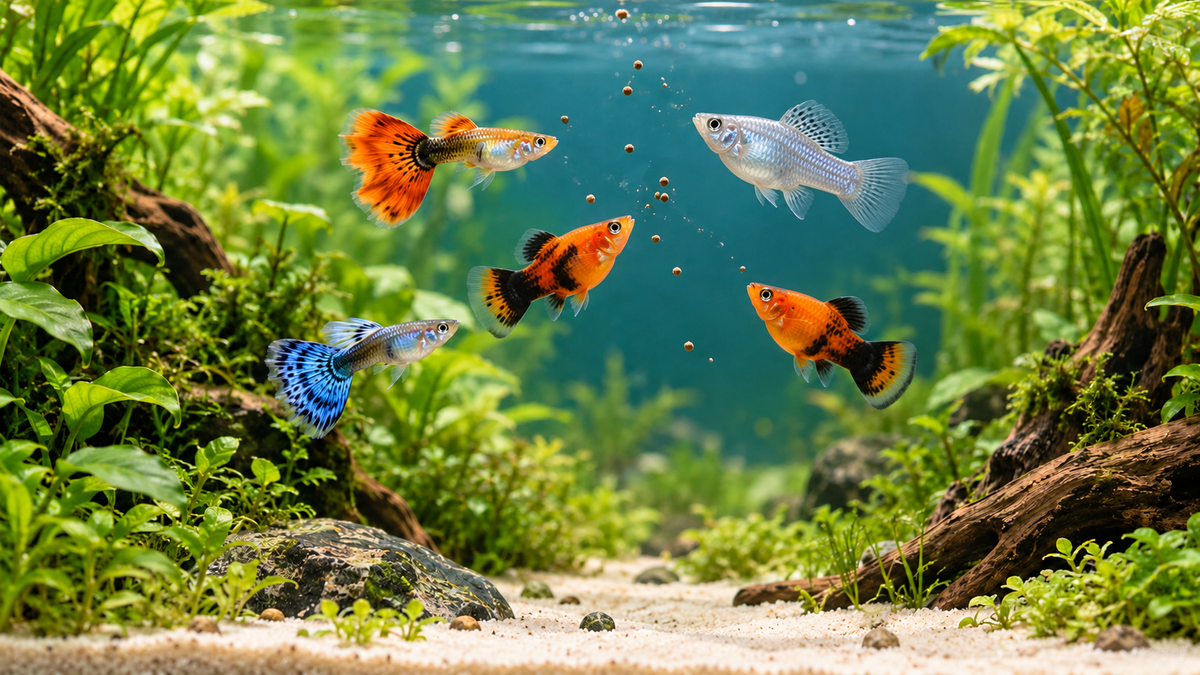 AI-generated guppies and livebearers feeding scene