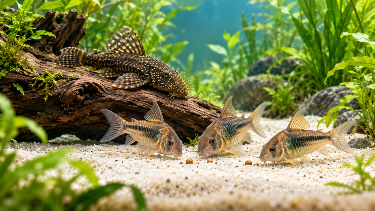 AI-generated pleco and bottom-feeders scene
