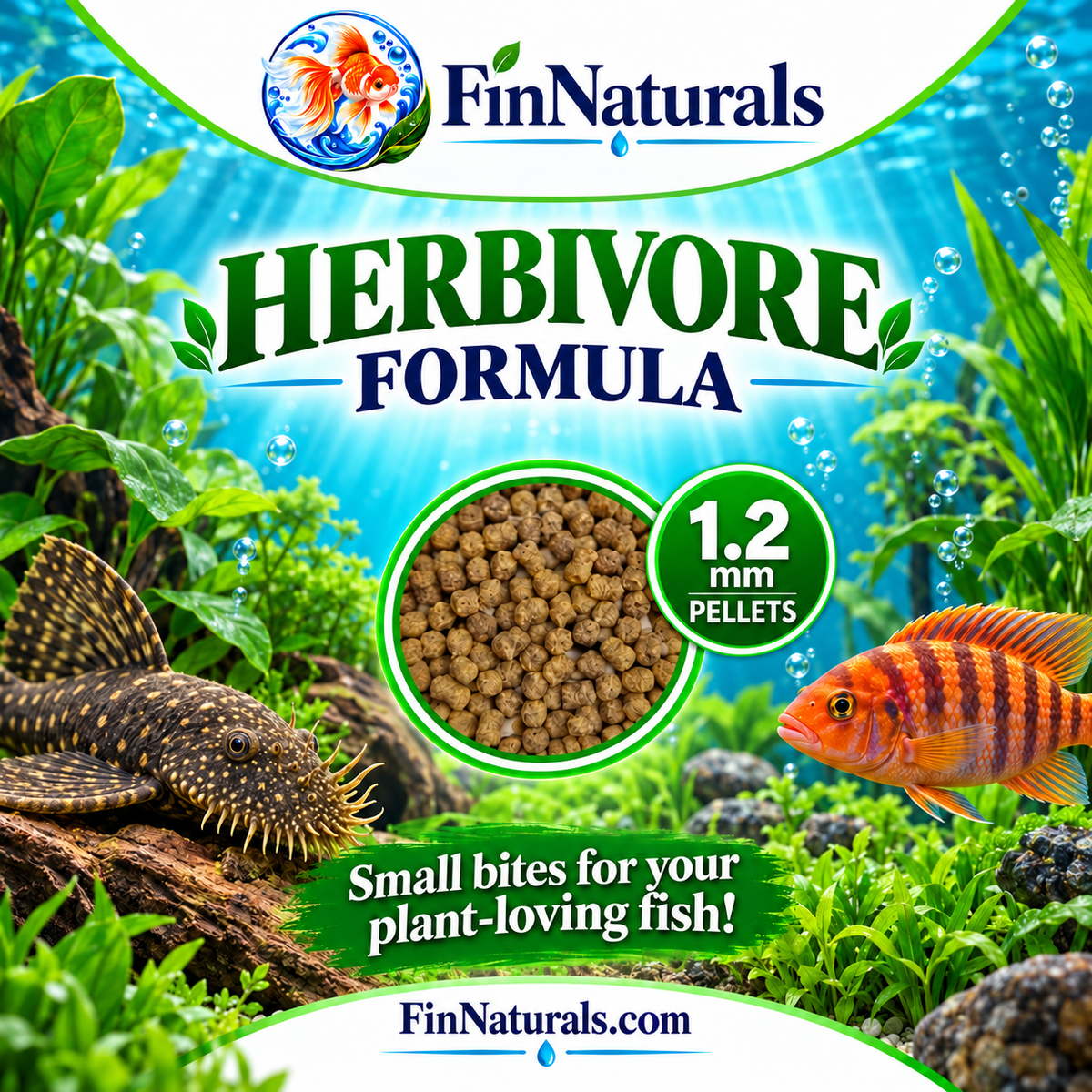 FinNaturals Herbivore Formula 1.2 mm pellets graphic with a pleco, cichlid, and pellet close-up.