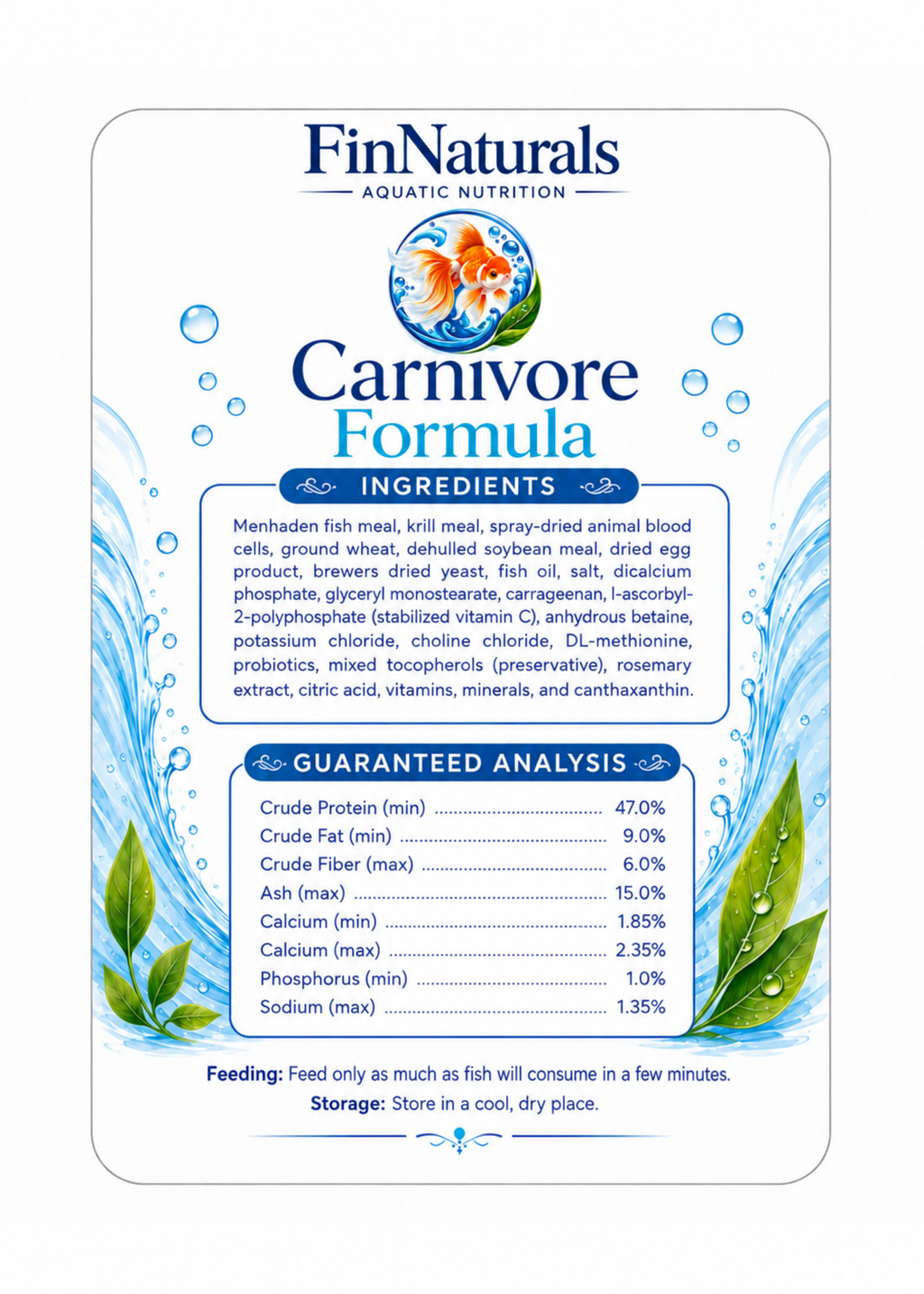 FinNaturals Carnivore Formula back label showing ingredients, guaranteed analysis, feeding and storage instructions.