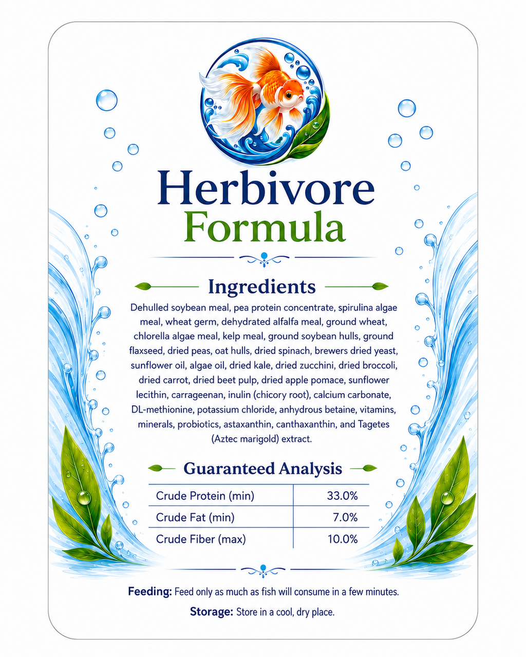 FinNaturals Herbivore Formula back label showing ingredients, guaranteed analysis, feeding and storage instructions.