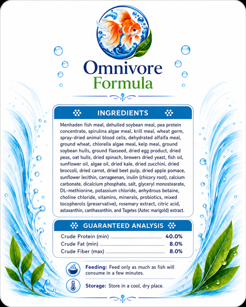 FinNaturals Omnivore Formula back label showing ingredients, guaranteed analysis, feeding and storage instructions.
