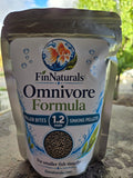 Actual FinNaturals Omnivore Smaller Bites Formula 1.2 mm silver pouch photographed outdoors, front label.
