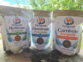 Actual 1.2 mm sampler: one 8 oz silver pouch each of Herbivore, Omnivore, and Carnivore Formula; three bags total.